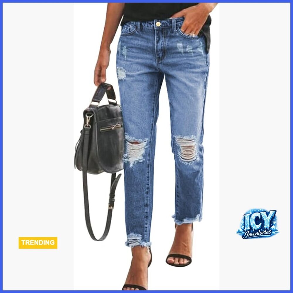 Stretchy Ripped Distressed Zimbaplatinum Denim Boyfriend Jeans